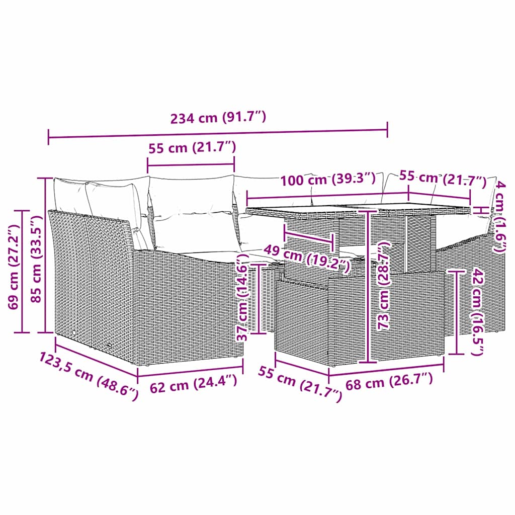 Gartensofa-set mit Speicher mit Kissen 7 pcs Grau Poly-Rattan