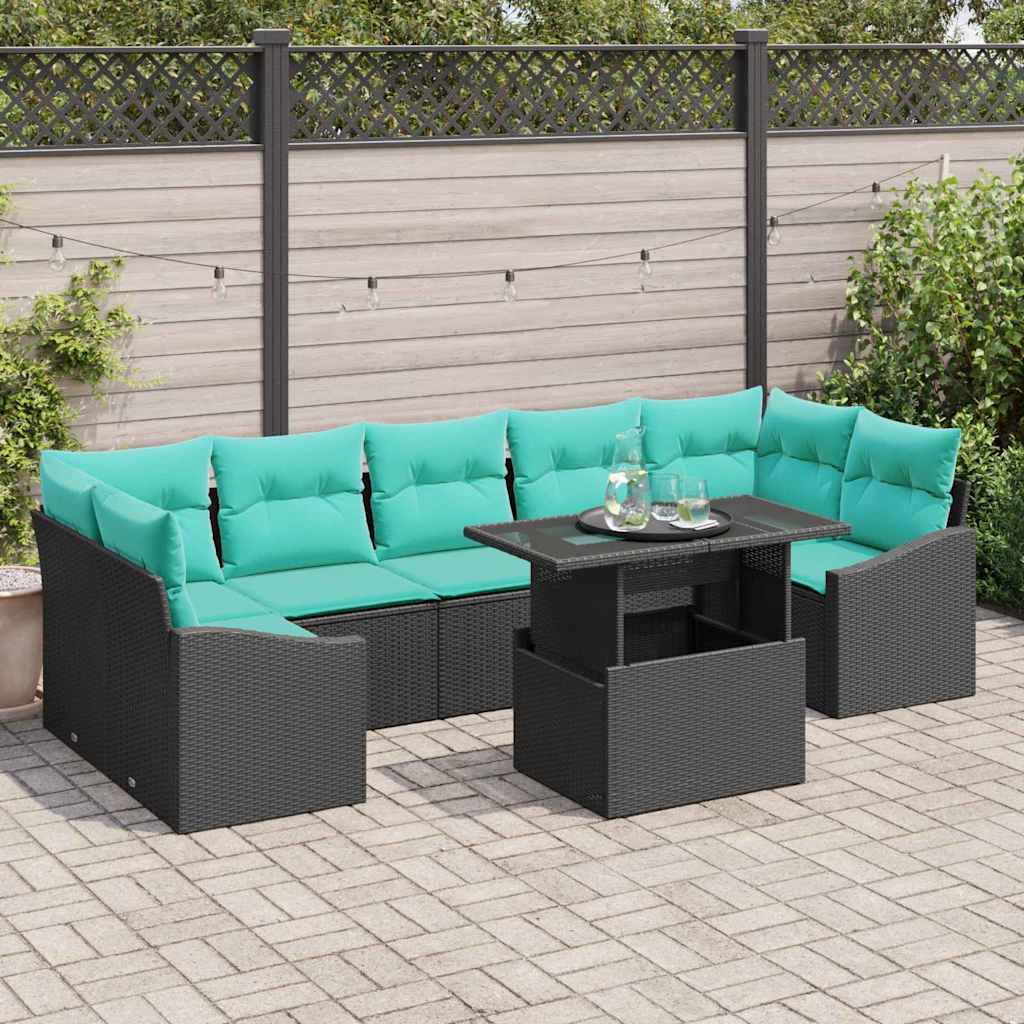 Gartensofa-set mit Kissen 8 pcs Schwarz und Blau Poly-Rattan