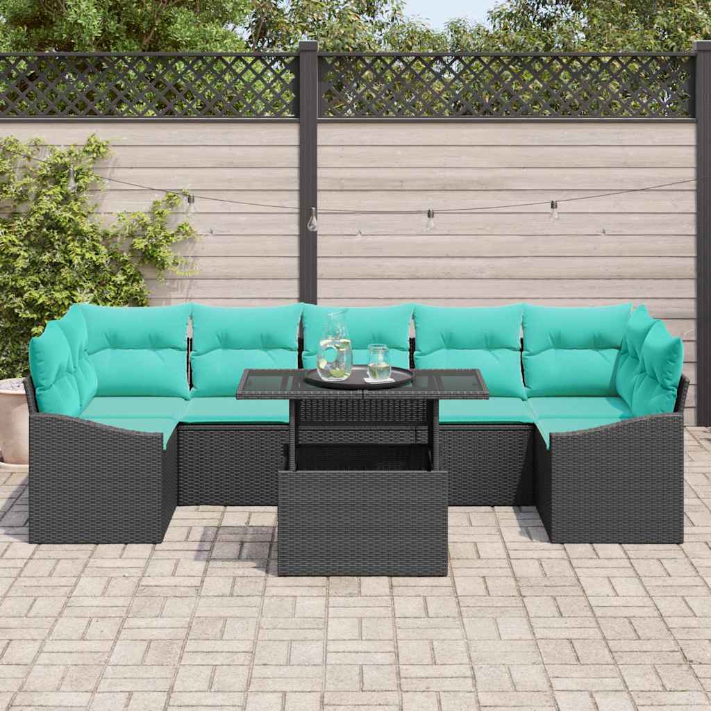 Gartensofa-set mit Kissen 8 pcs Schwarz und Blau Poly-Rattan