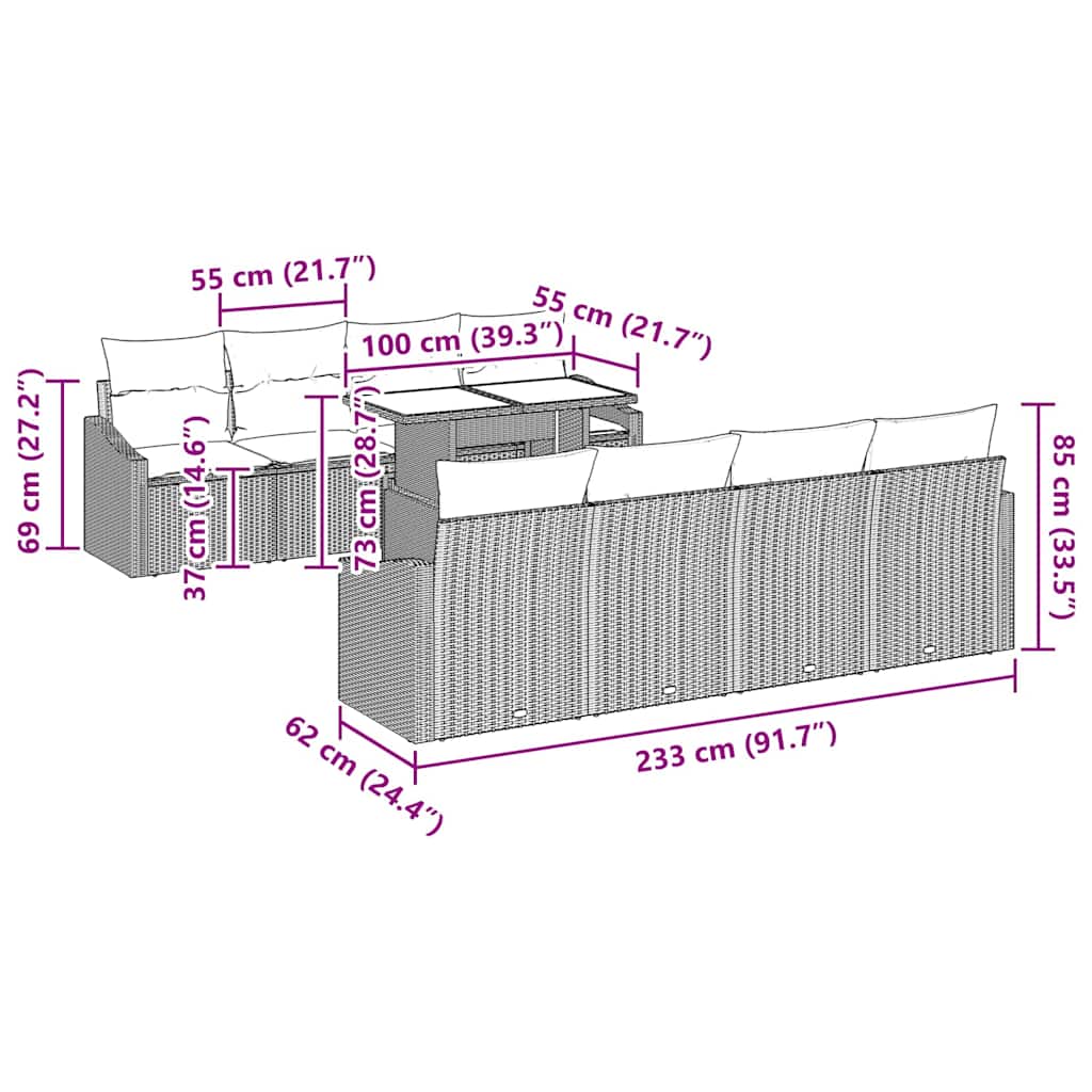 Garten-Sofa-Set mit Kissen 7 pcs Schwarz und Creme Poly-Rattan