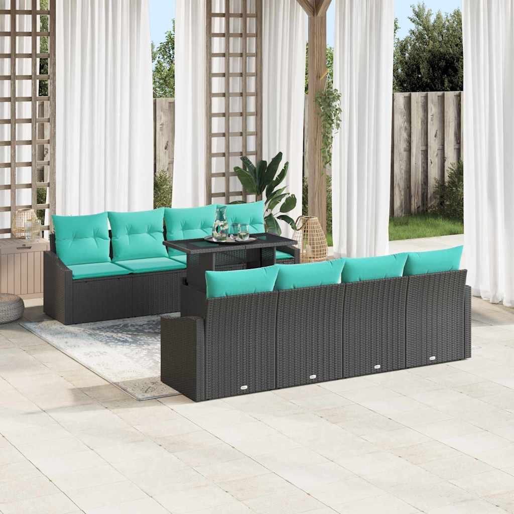 Gartensofa-set mit Kissen 7 pcs Schwarz und Blau Poly-Rattan