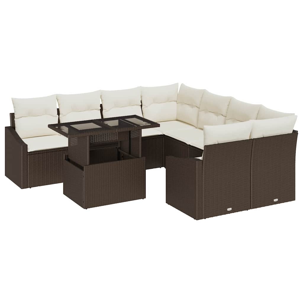 Gartensofa-set mit Kissen 9 pcs Braun und Creme Poly-Rattan