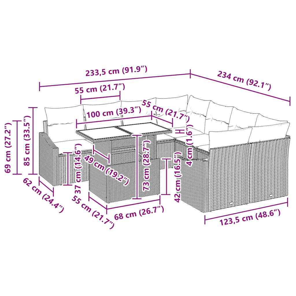 Gartensofa-set mit Kissen 9 pcs Hellgrau Poly-Rattan