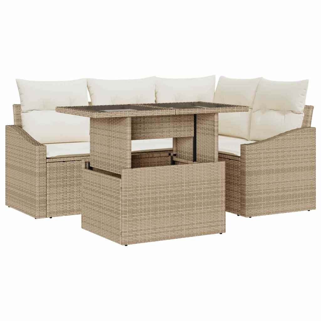 Gartensofa-set mit Kissen 5 pcs Beige und Creme Poly-Rattan