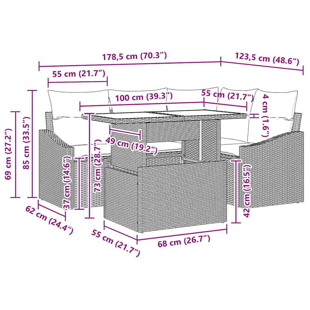 Gartensofa-set mit Kissen 5 pcs Beige und Creme Poly-Rattan