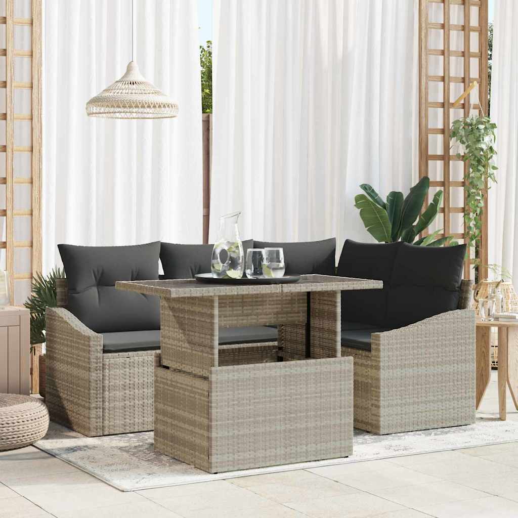 Gartensofa-set mit Kissen 5 pcs Hellgrau Poly-Rattan