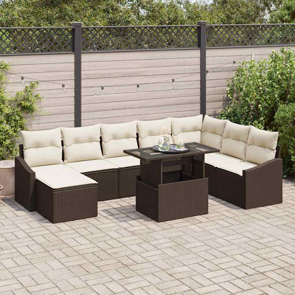 Sofa Set mit Kissen 9 pcs Braun und Creme Poly-Rattan