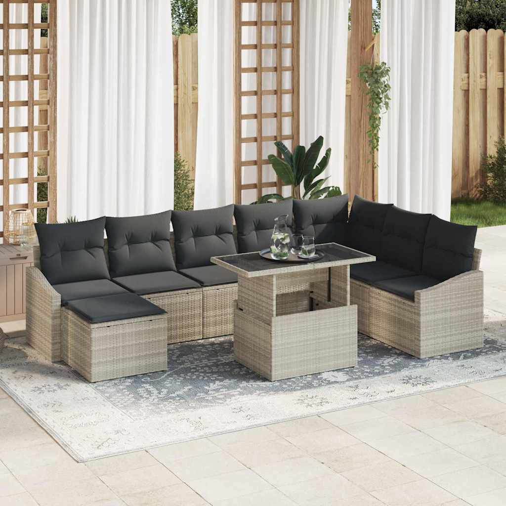 Sofa Set mit Kissen mit Speicher 9 pcs Hellgrau Poly-Rattan