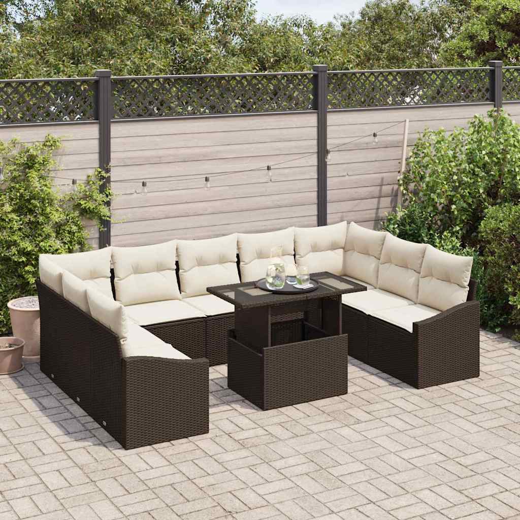 Sofa Set mit Kissen 10 pcs Braun und Creme Poly-Rattan