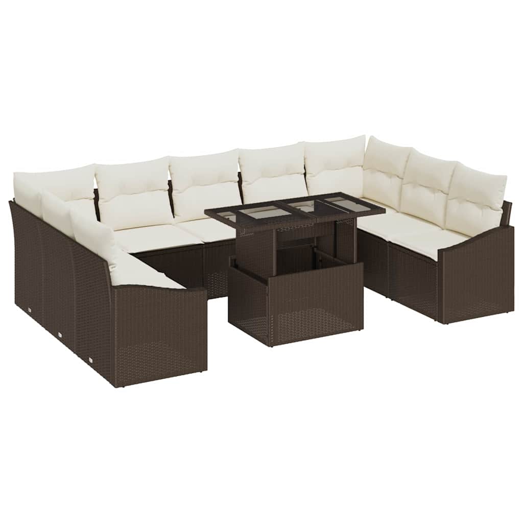 Sofa Set mit Kissen 10 pcs Braun und Creme Poly-Rattan