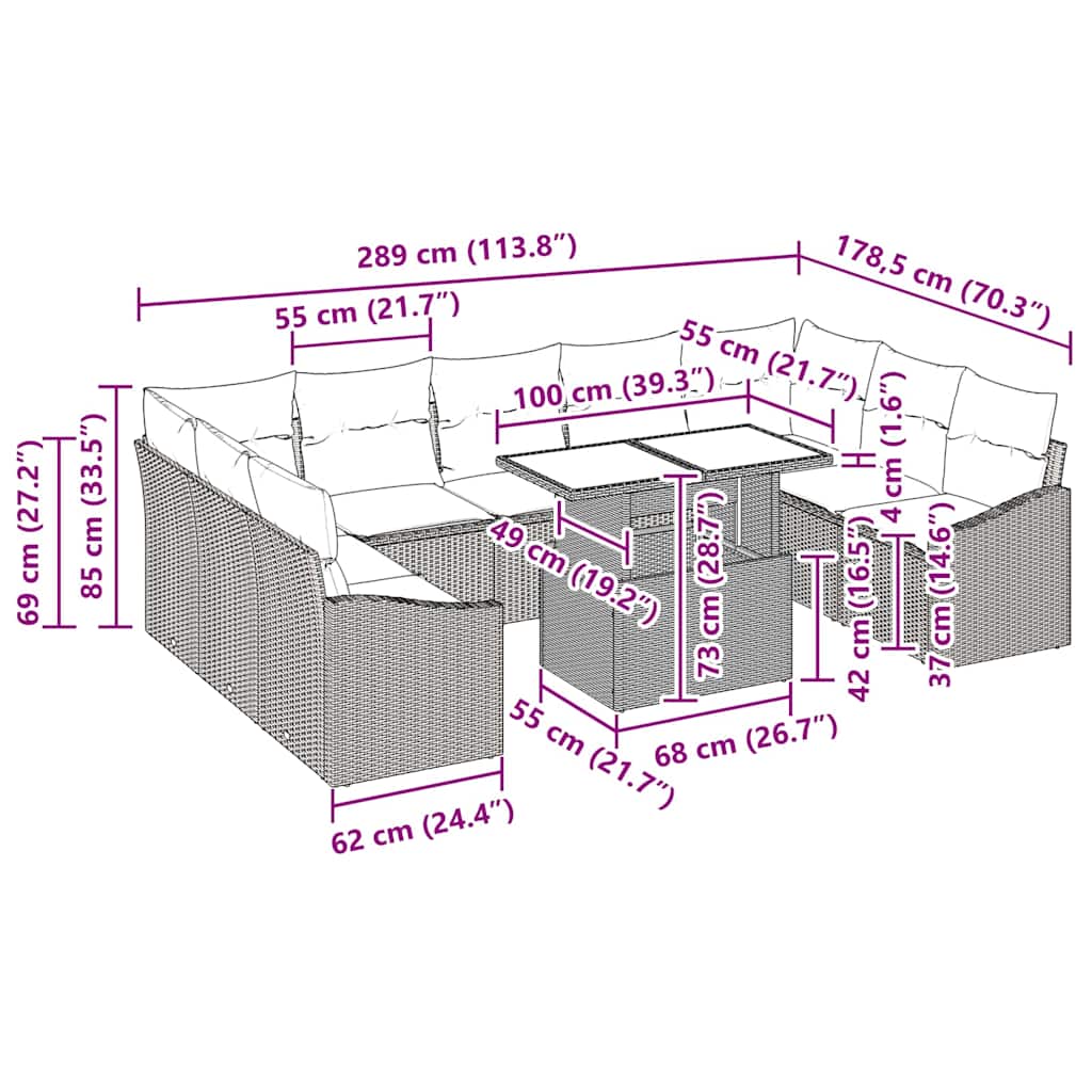 Sofa Set mit Kissen 10 pcs Grau Poly-Rattan