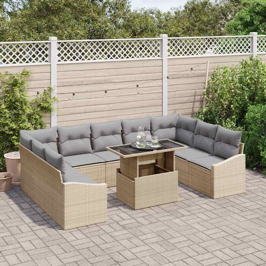 Sofa Set mit Kissen 10 pcs Beige und Hellgrau Poly-Rattan
