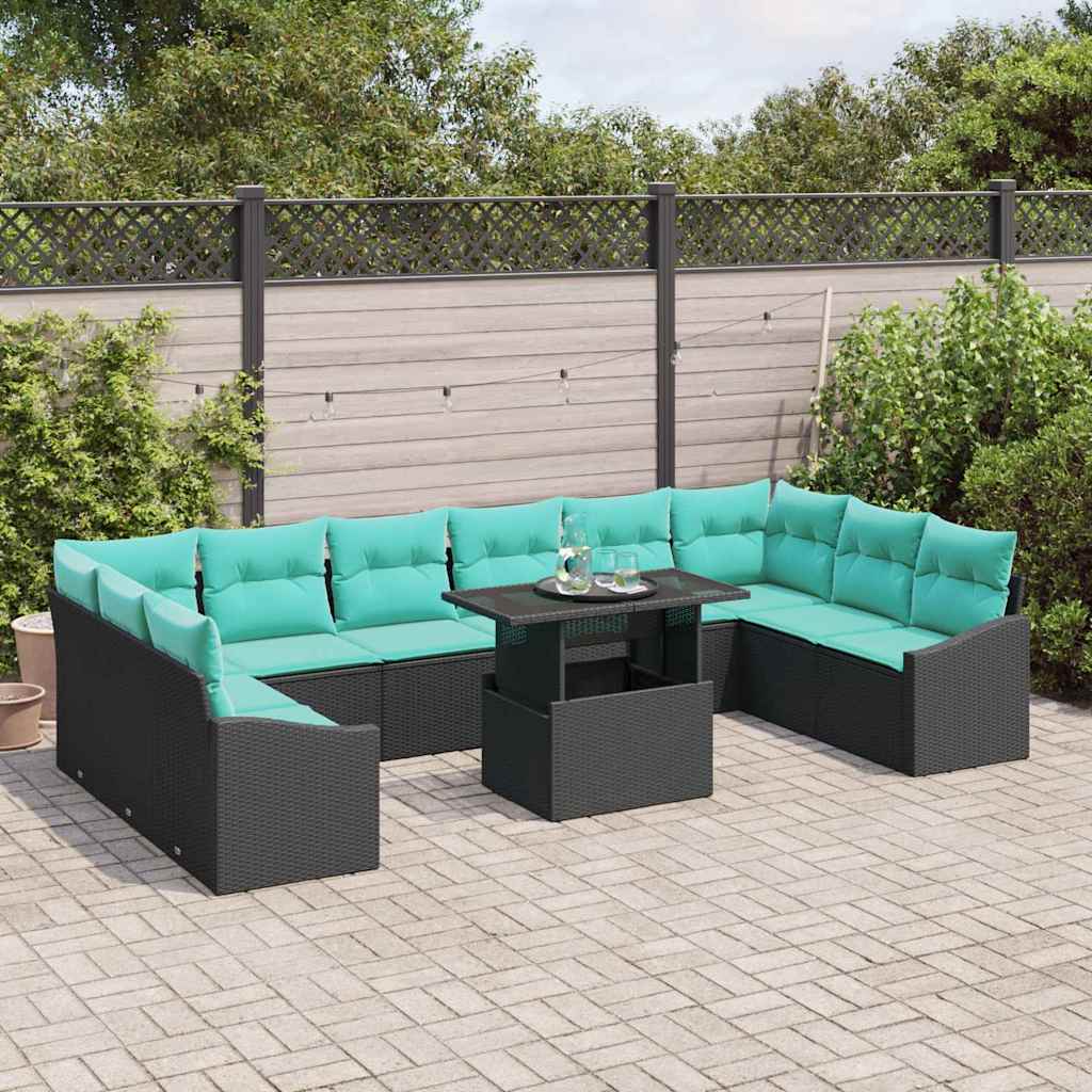 Sofa Set mit Kissen 11 pcs Schwarz und Blau Poly-Rattan