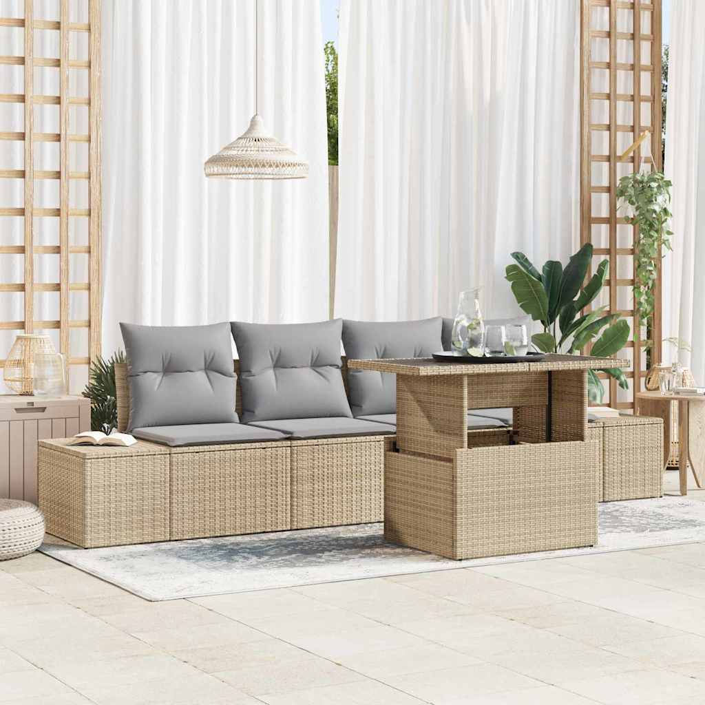 Sofa Set mit Kissen 5 pcs Beige und Hellgrau Poly-Rattan