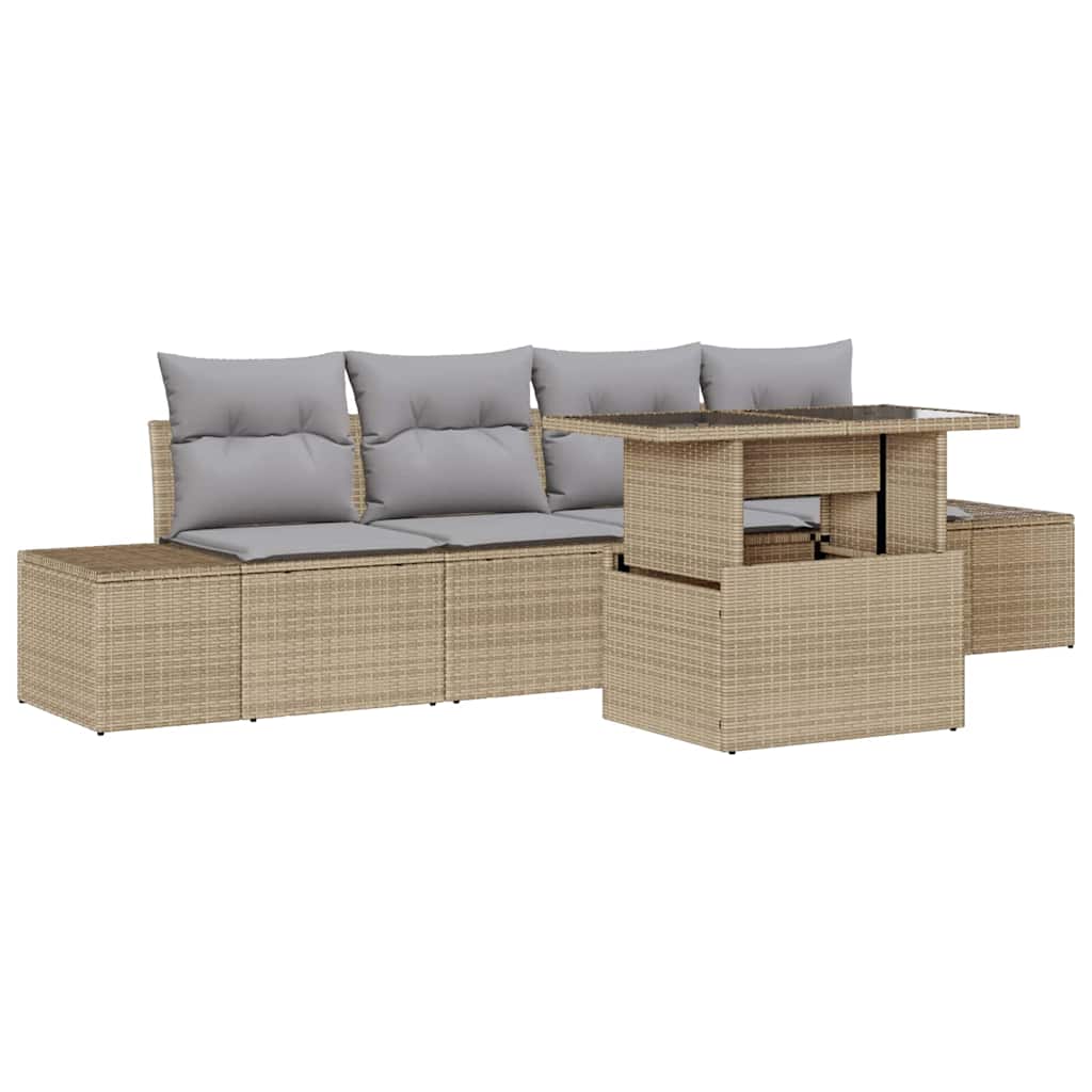 Sofa Set mit Kissen 5 pcs Beige und Hellgrau Poly-Rattan