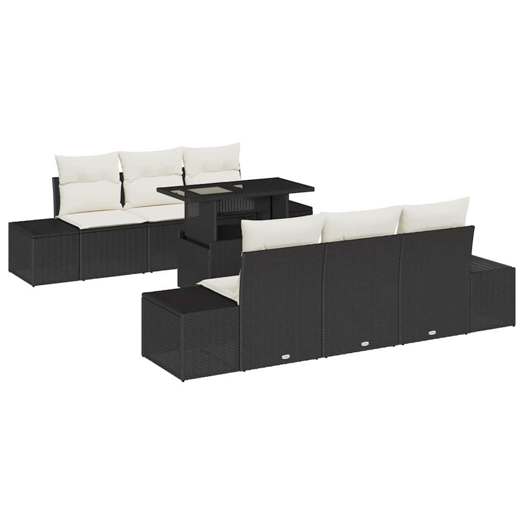 Sofa Set mit Kissen 7 pcs Schwarz und Creme Poly-Rattan