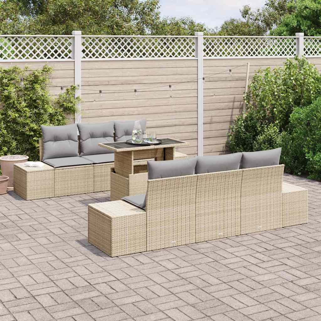 Sofa Set mit Kissen 7 pcs Beige und Hellgrau Poly-Rattan