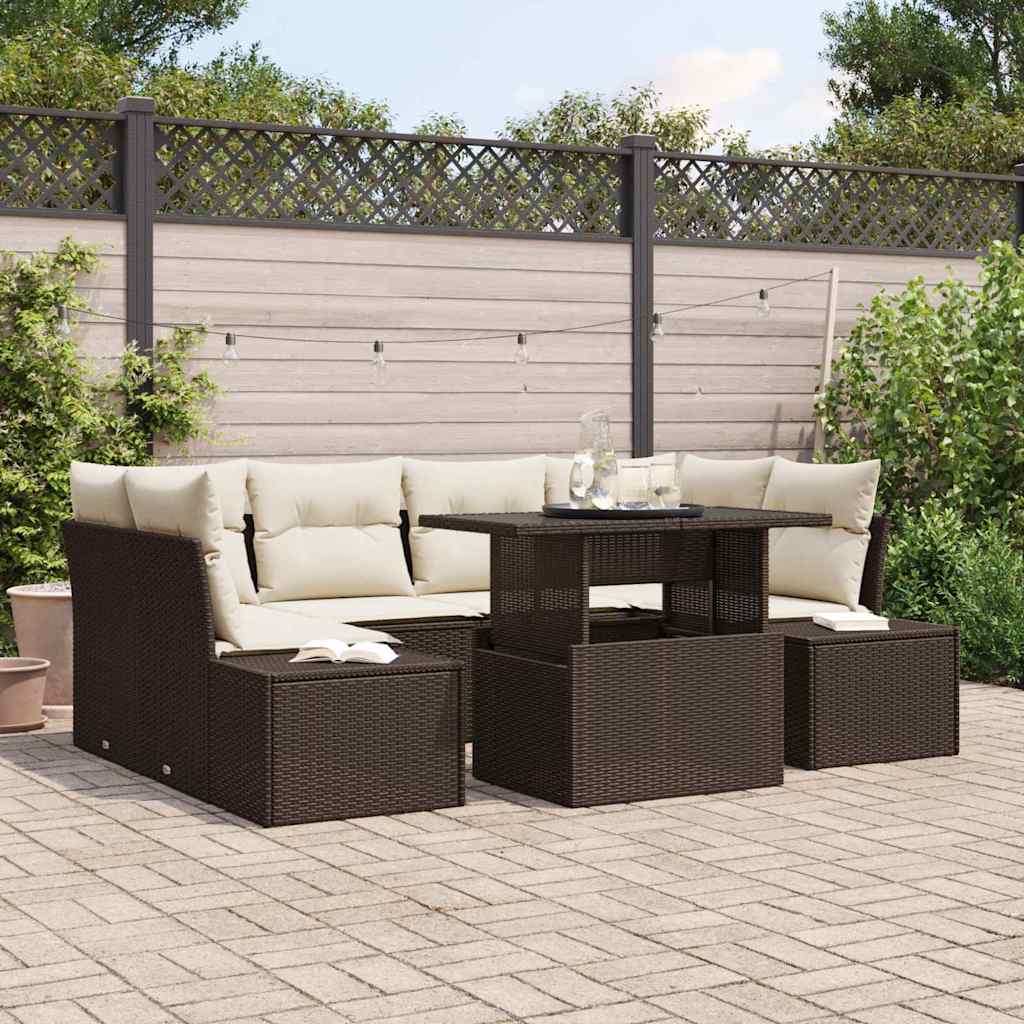 Sofa Set mit Kissen 7 pcs Braun und Creme Poly-Rattan