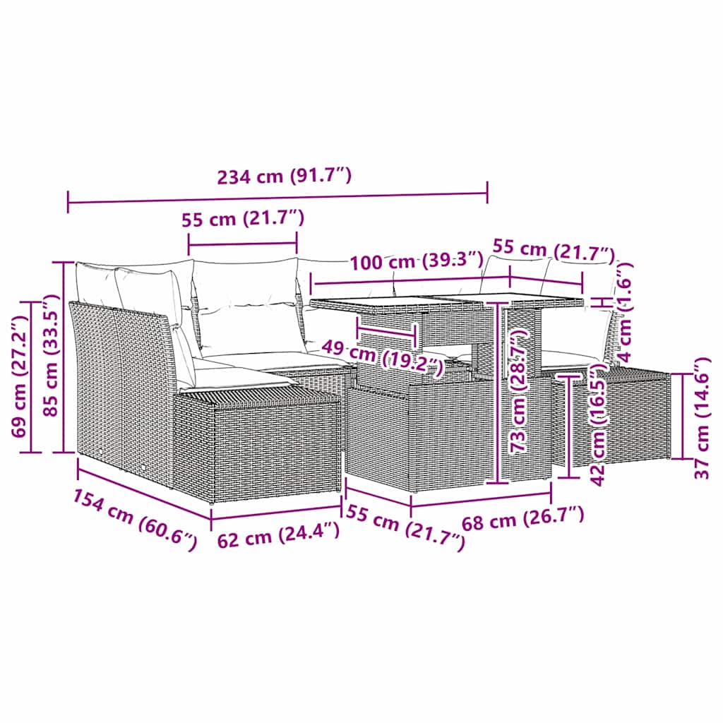 Sofa Set mit Kissen 7 pcs Grau Poly-Rattan