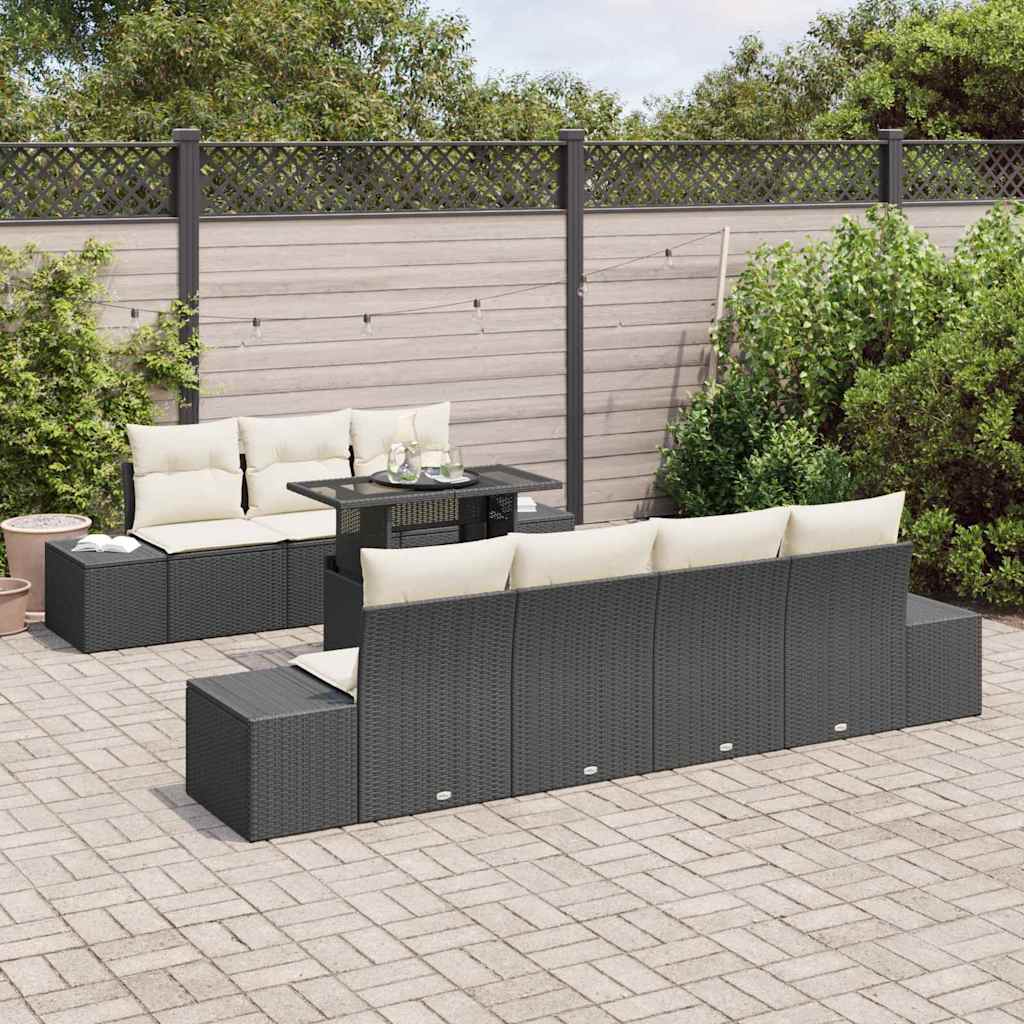 Sofa Set mit Kissen 8 pcs Schwarz und Creme Poly-Rattan