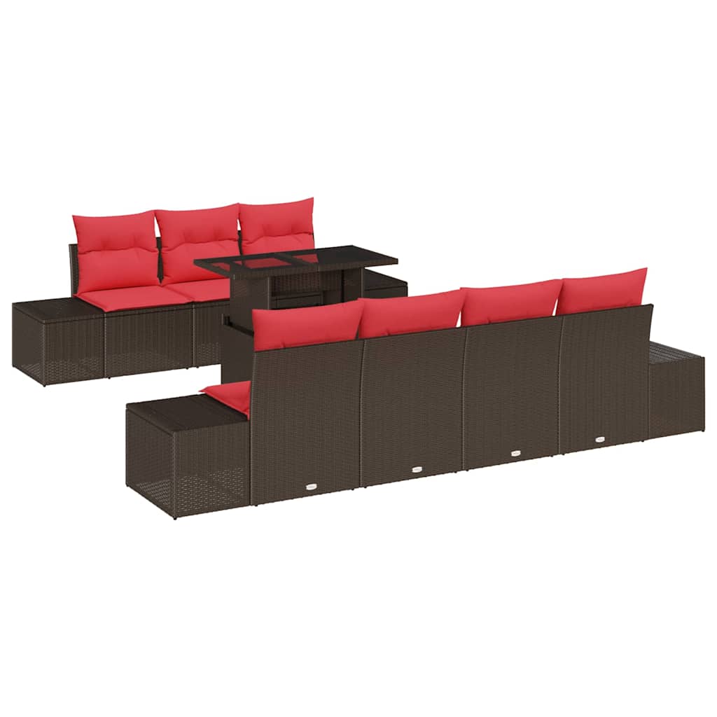 Sofa Set mit Kissen 8 pcs Braun und Rot Poly-Rattan