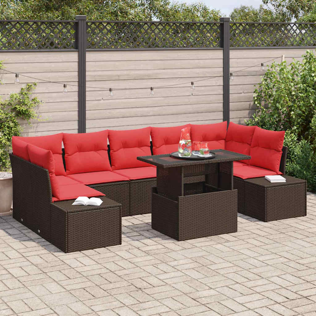 Gartensofa-set mit Kissen 8 pcs Braun und Rot Poly-Rattan