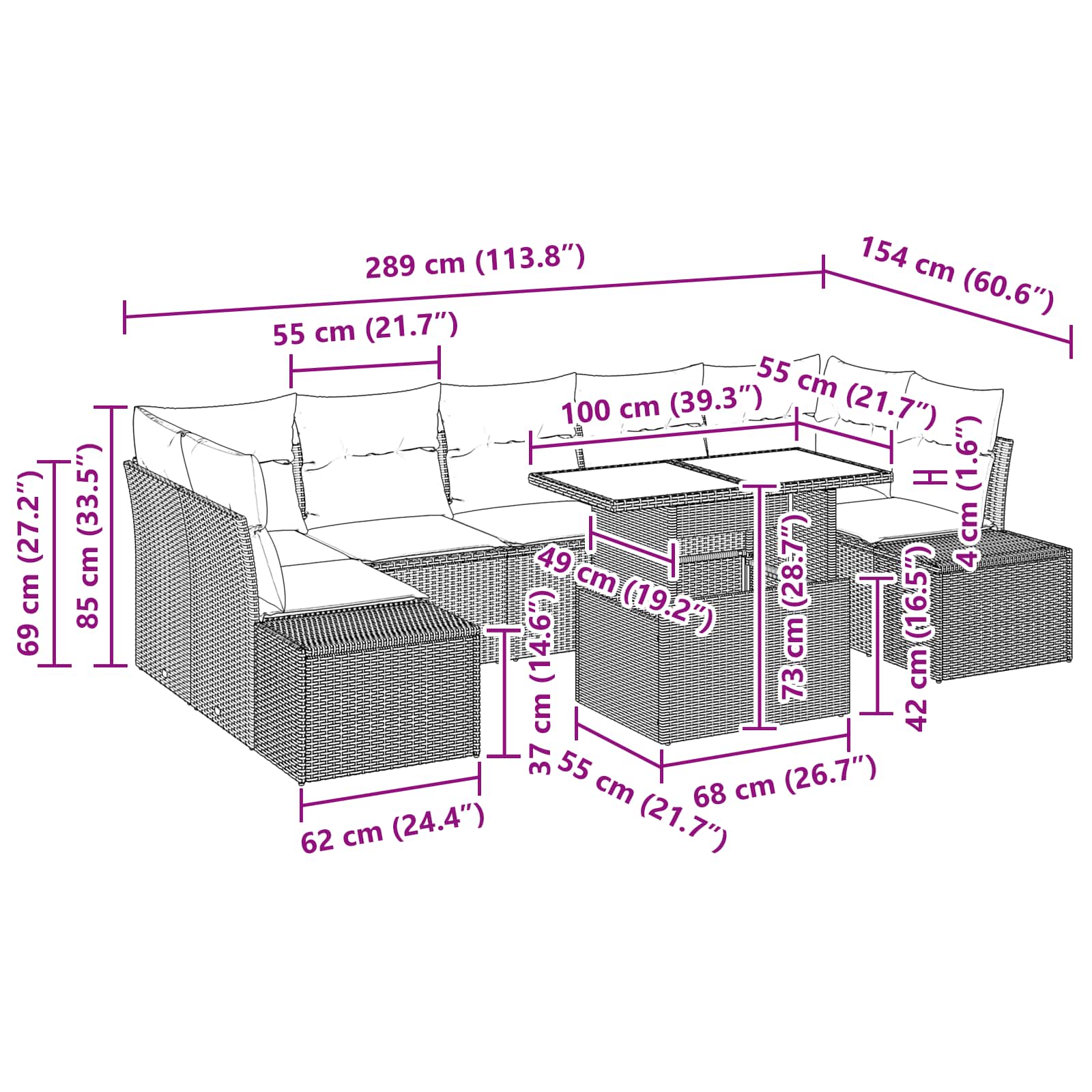 Gartensofa-set mit Kissen 8 pcs Braun und Rot Poly-Rattan