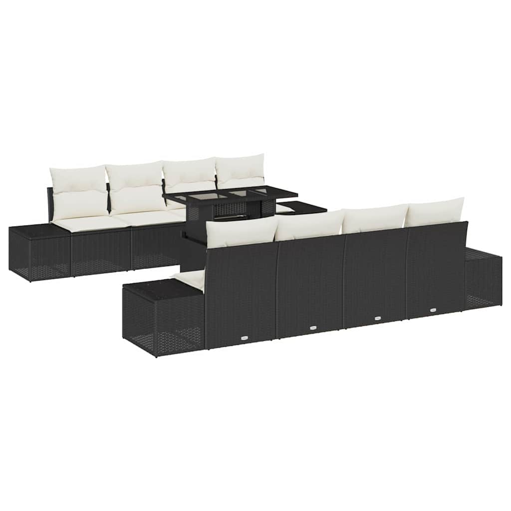Gartensofa-set mit Kissen 9 pcs Schwarz und Creme Poly-Rattan