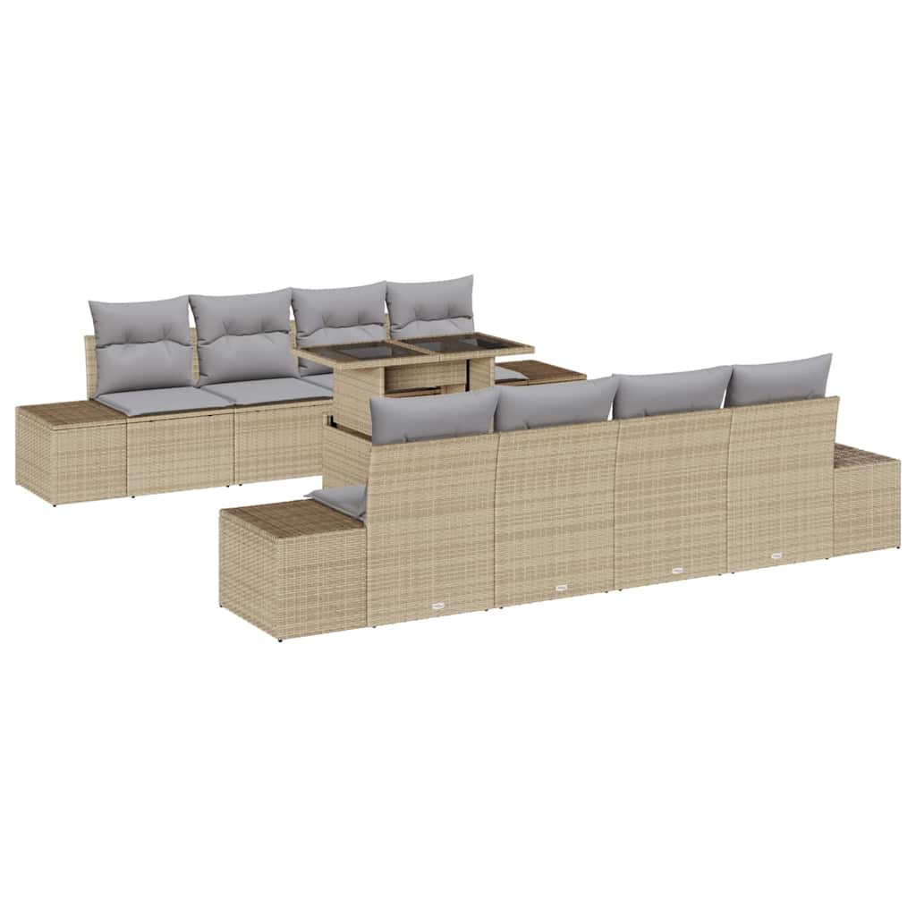 Gartensofa-set mit Kissen 9 pcs Beige und Hellgrau Poly-Rattan