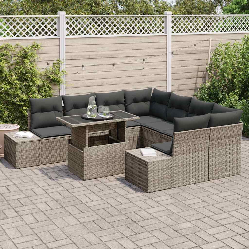 Gartensofa-set mit Kissen 9 pcs Grau Poly-Rattan