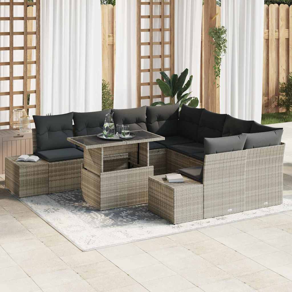 Gartensofa-set mit Kissen 9 pcs Hellgrau Poly-Rattan