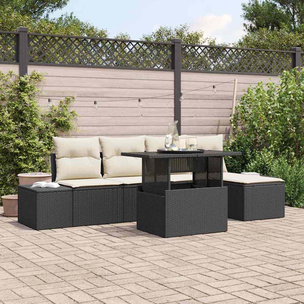 Gartensofa-set mit Kissen 6 pcs Schwarz und Creme Poly-Rattan