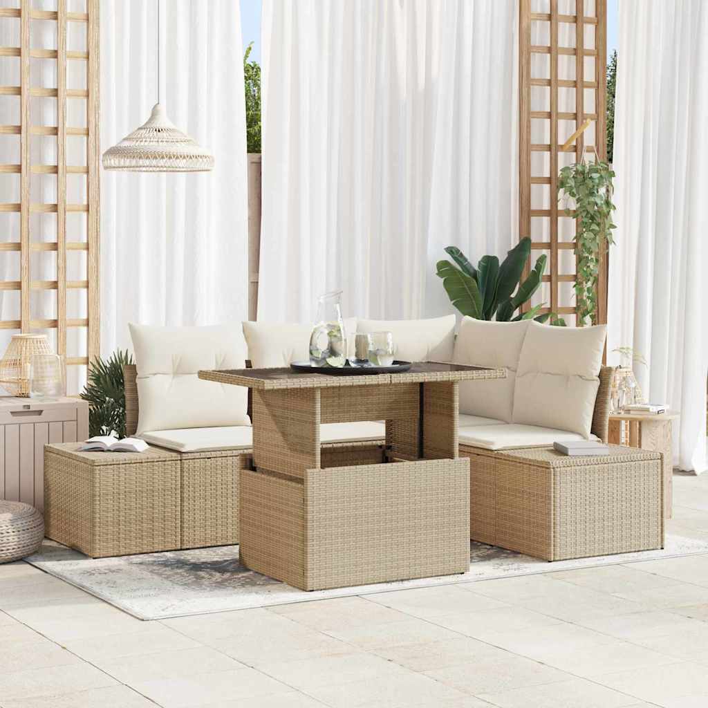 Gartensofa-set mit Kissen 5 pcs Beige und Creme Poly-Rattan