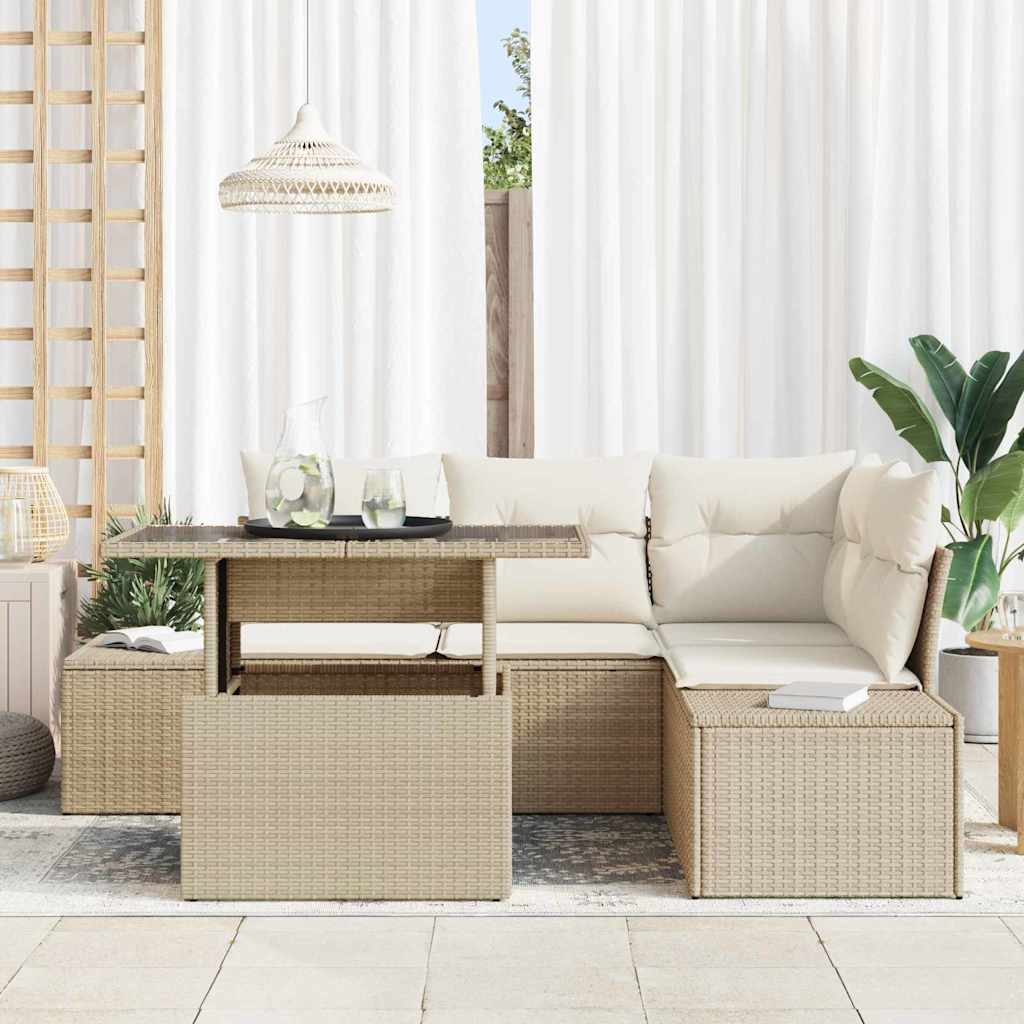 Gartensofa-set mit Kissen 5 pcs Beige und Creme Poly-Rattan