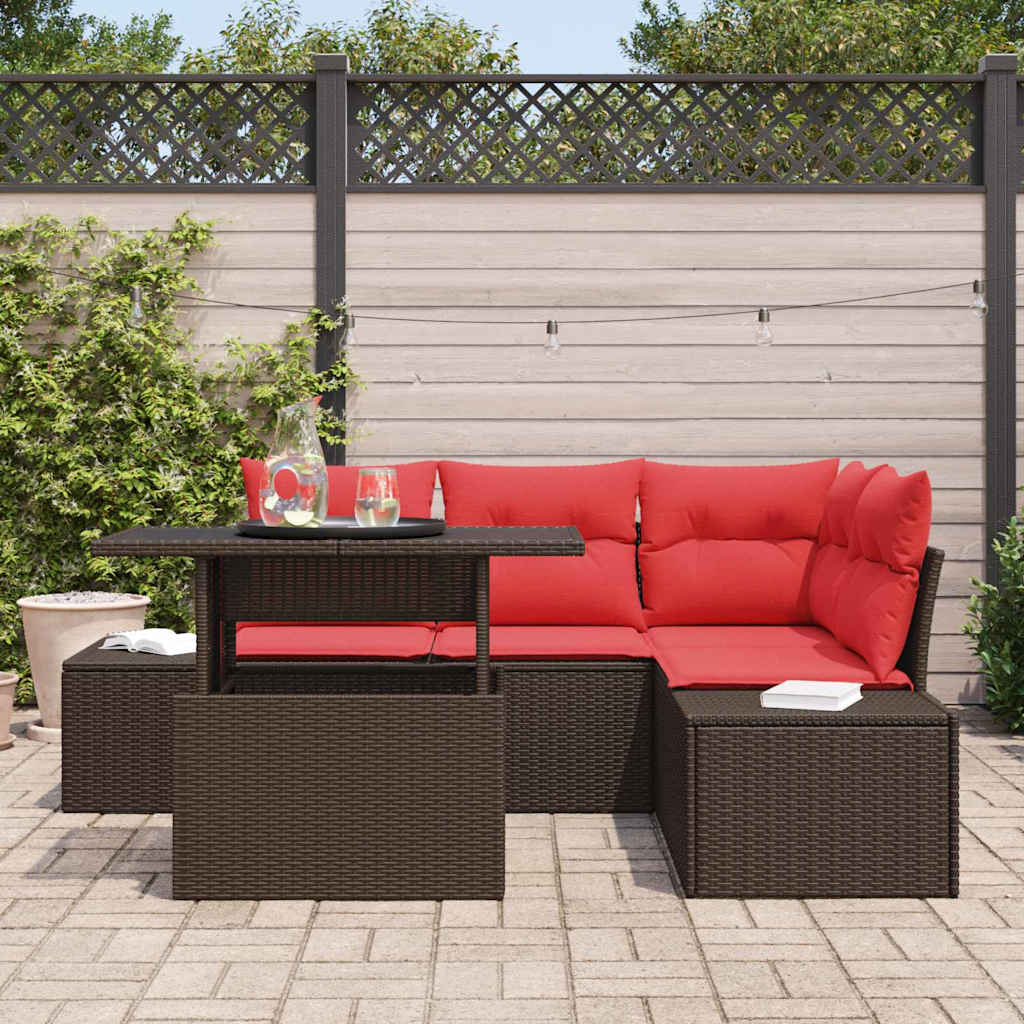 Gartensofa-set mit Kissen 6 pcs Braun und Rot Poly-Rattan