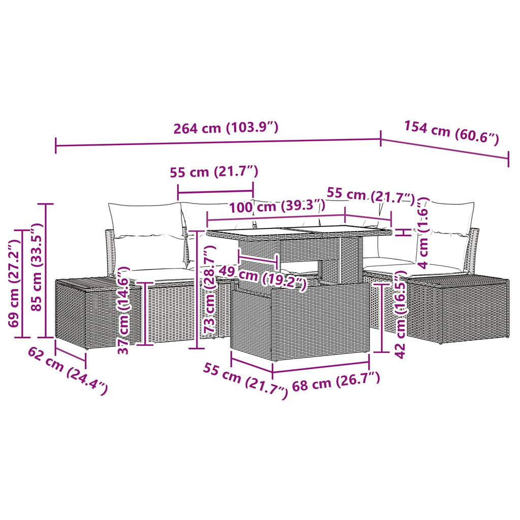 Garten-Sofa-Set mit Kissen mit Speicher 6 pcs Braun und Rot