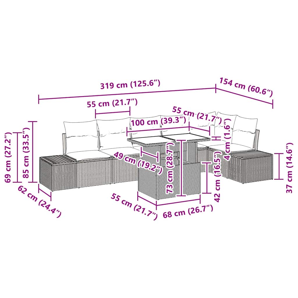 Garten-Sofa-Set mit Kissen mit Speicher 7 pcs Schwarz und Creme