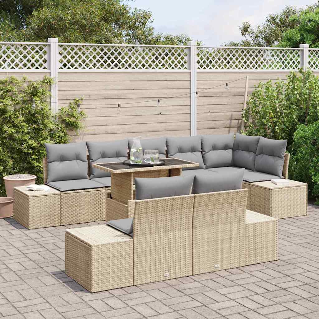 Gartensofa-set mit Kissen 9 pcs Beige und Hellgrau Poly-Rattan