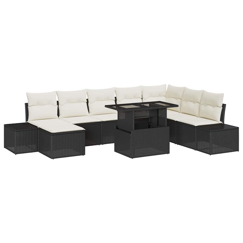 Gartensofa-set mit Kissen 9 pcs Schwarz und Creme Poly-Rattan