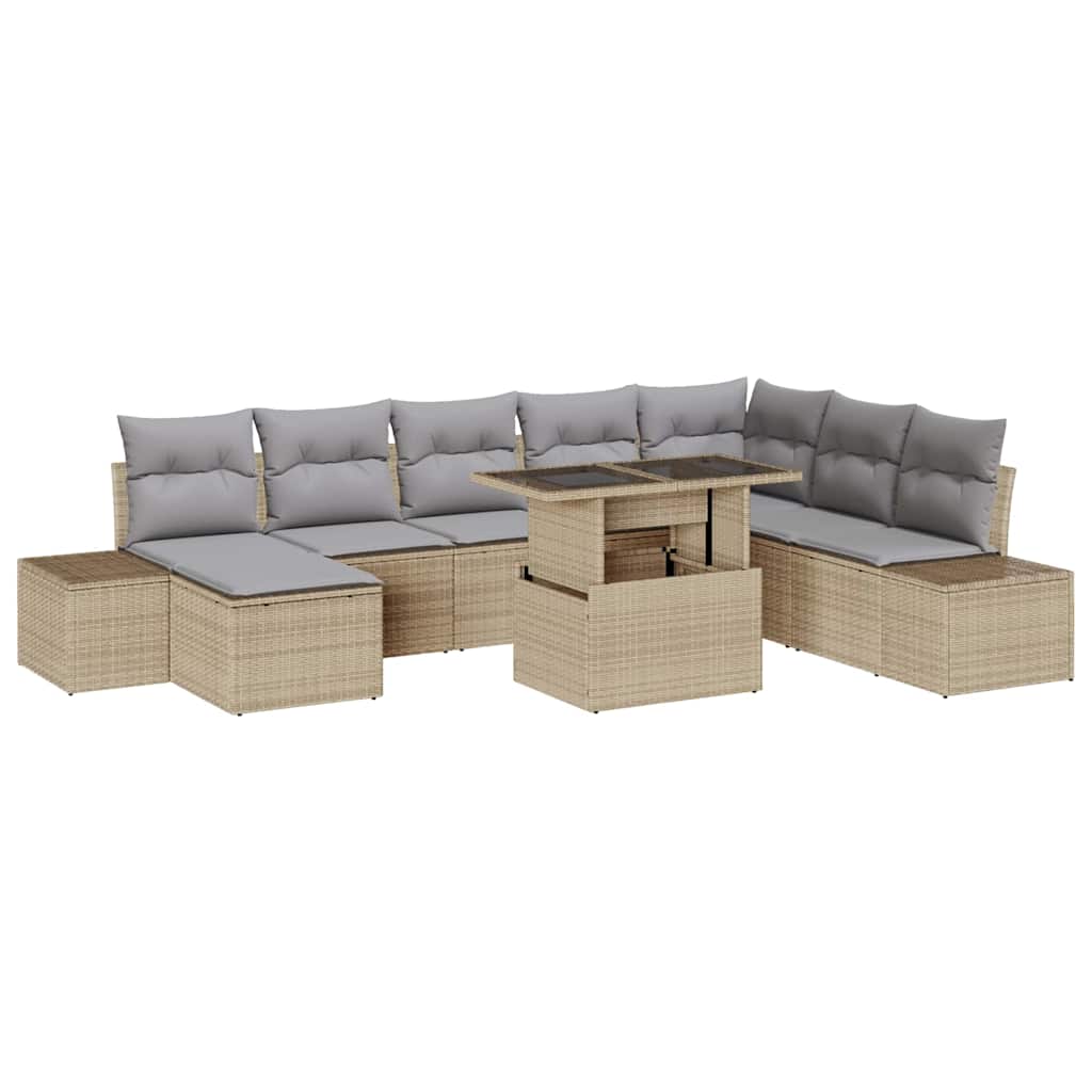 Gartensofa-set mit Kissen 9 pcs Beige und Hellgrau Poly-Rattan