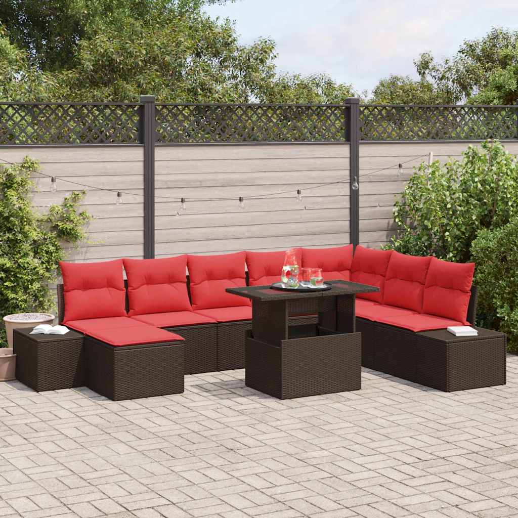 Gartensofa-set mit Kissen 9 pcs Braun und Rot Poly-Rattan