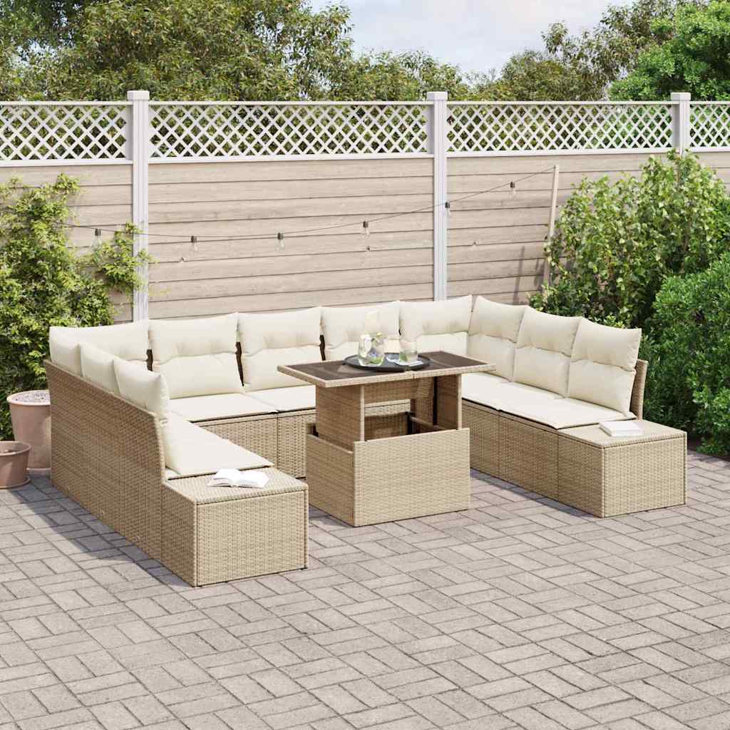 Gartensofa-set mit Kissen 10 pcs Beige und Creme Poly-Rattan