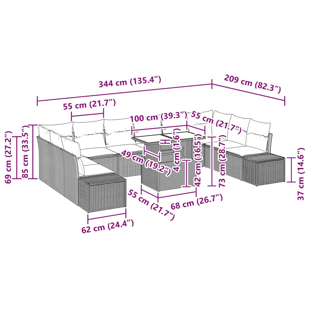 Garten-Sofa-Set mit Kissen mit Speicher 11 pcs Braun und Creme