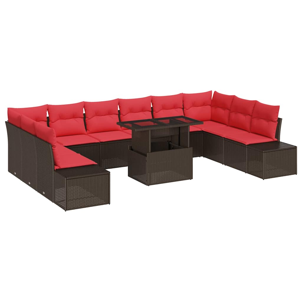 Gartensofa-set mit Kissen 11 pcs Braun und Rot Poly-Rattan