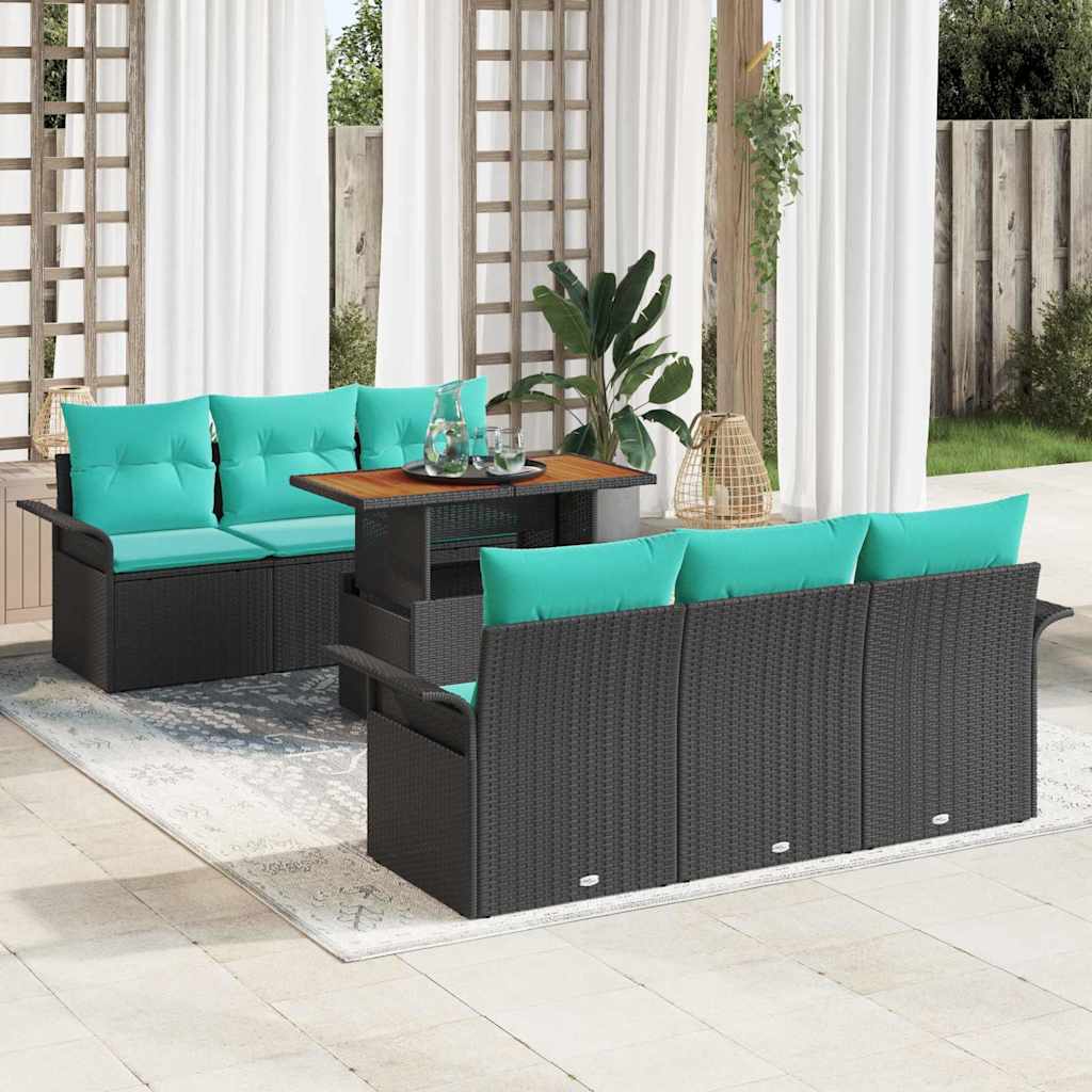 Gartensofa-set mit Kissen 7 pcs Schwarz und Blau Poly-Rattan