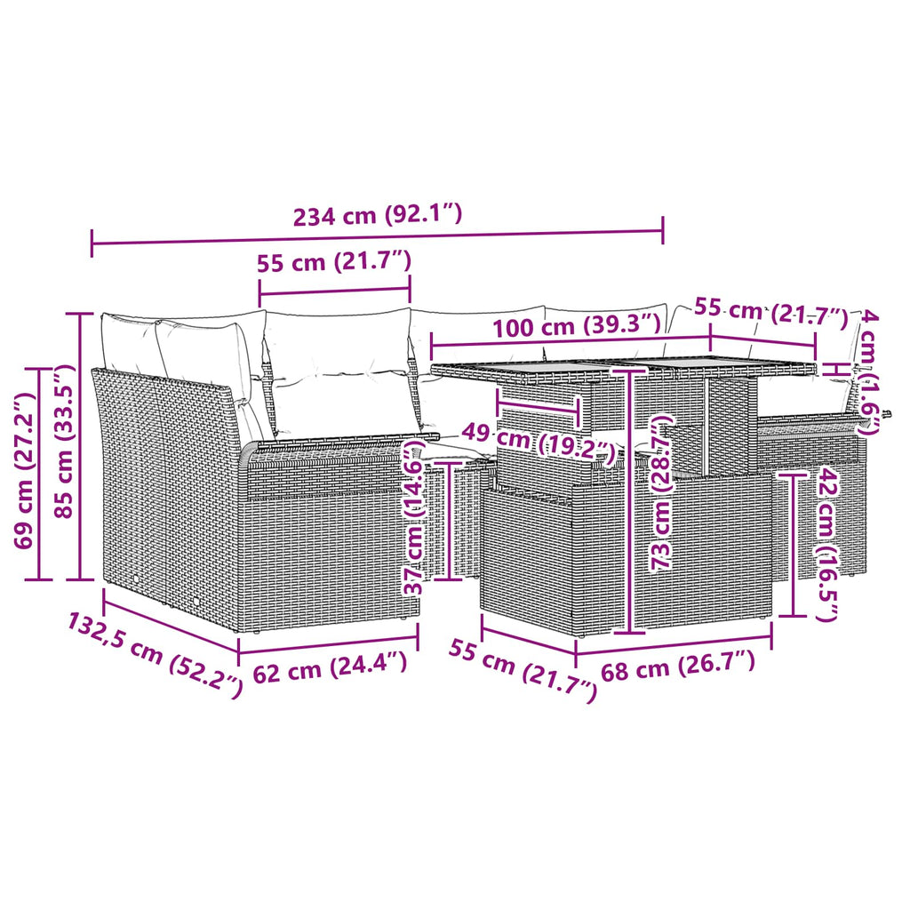 Garten-Sofa-Set mit Kissen 7 pcs Schwarz und blau