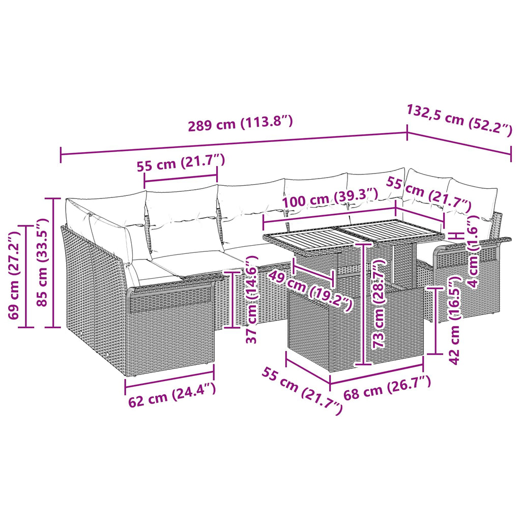 Gartensofa-set mit Kissen 8 pcs Grau und Marineblau Poly-Rattan