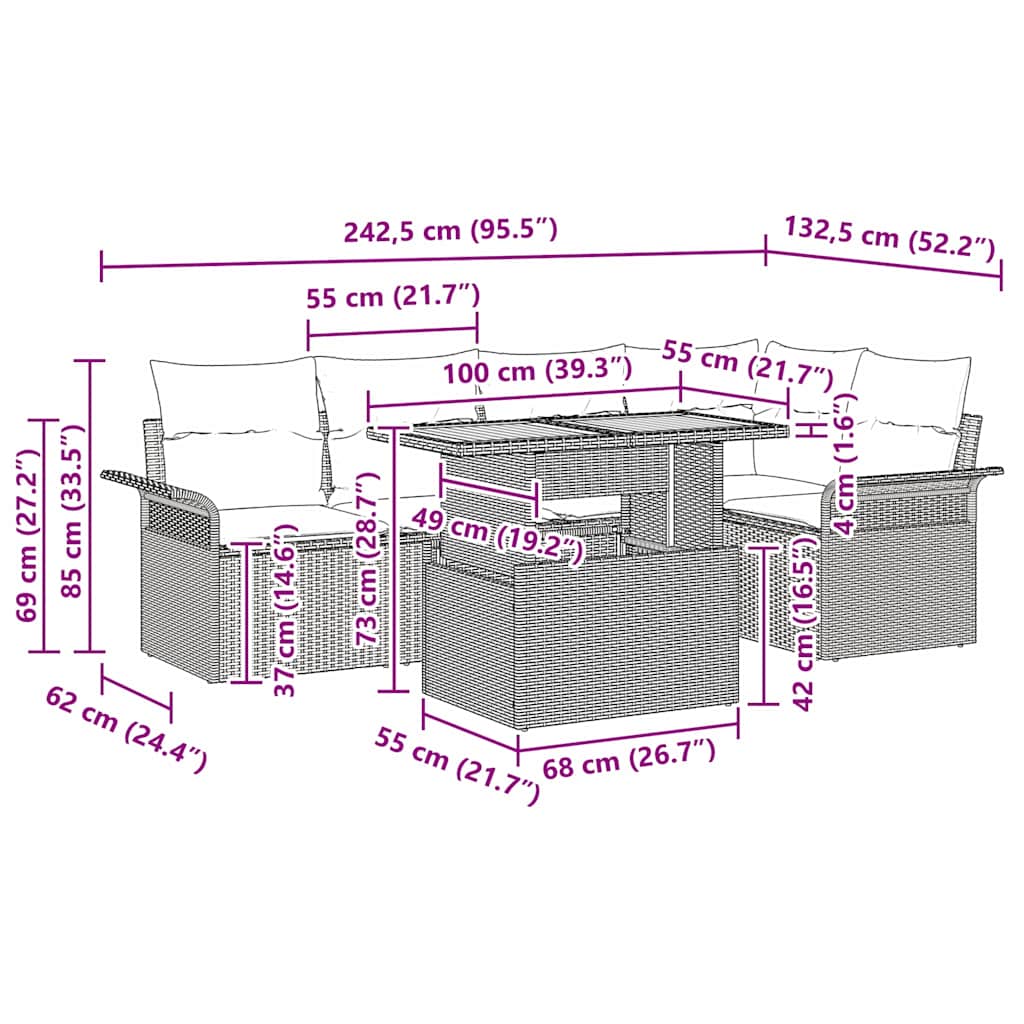Garten-Sofa-Set mit Kissen 6 pcs Schwarz und Creme