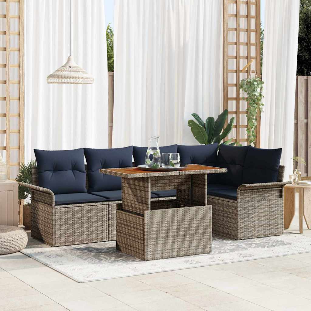 Gartensofa-set mit Kissen 6 pcs Grau und Marineblau Poly-Rattan
