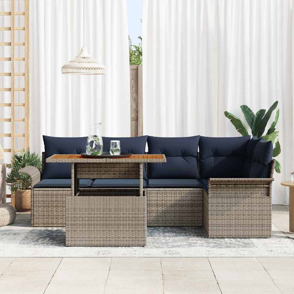 Gartensofa-set mit Kissen 6 pcs Grau und Marineblau Poly-Rattan